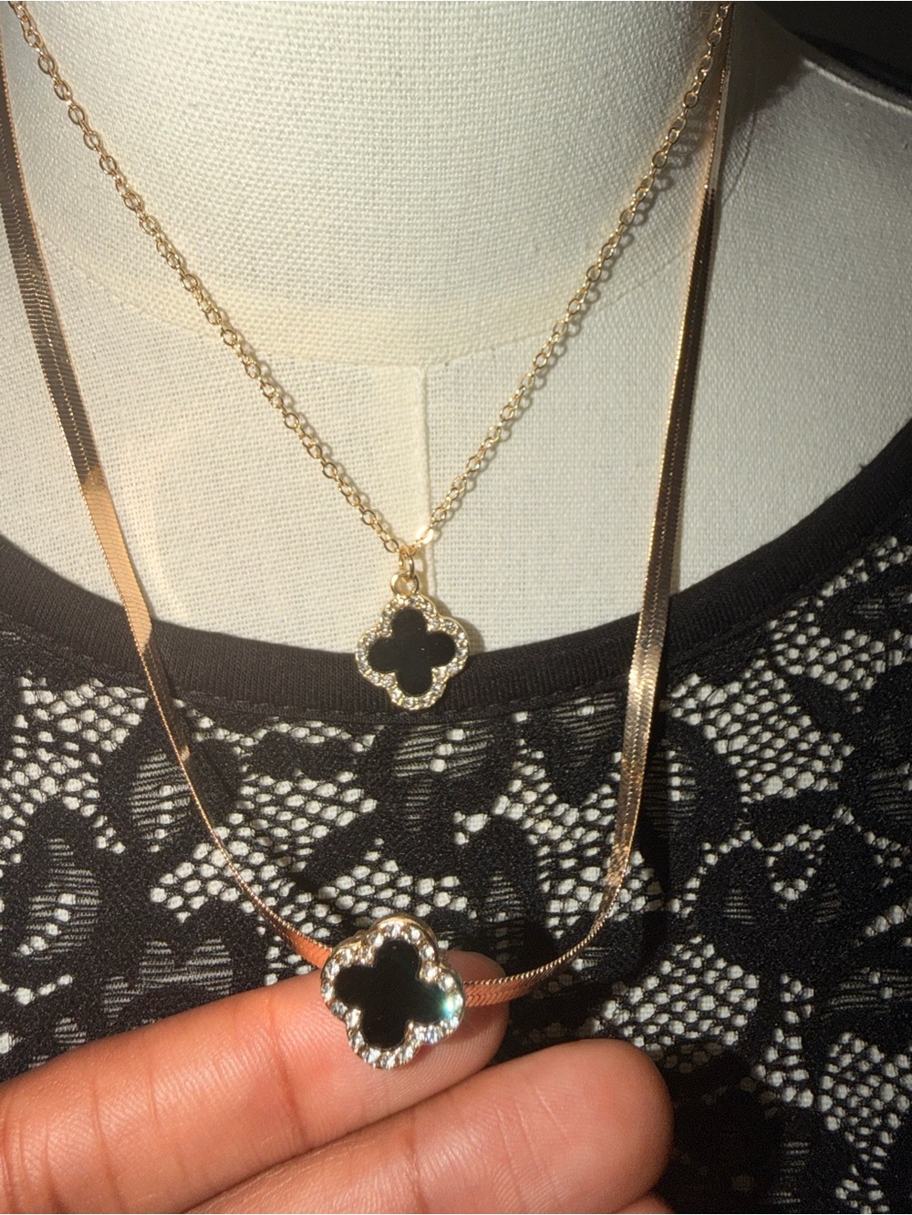 Gold Plated Black Clover Pendant Necklace - Women Jewelry Set
